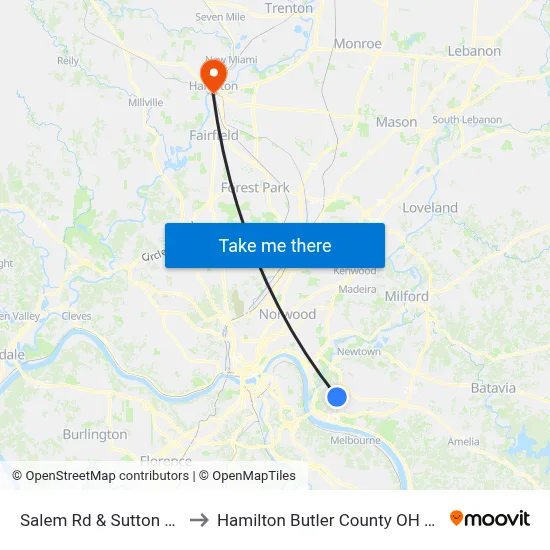 Salem Rd & Sutton Ave to Hamilton Butler County OH USA map