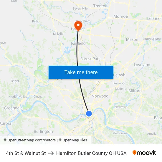 4th St & Walnut St to Hamilton Butler County OH USA map