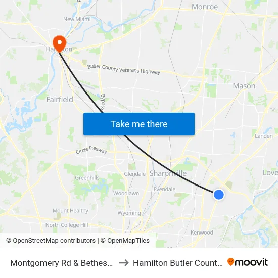 Montgomery Rd & Bethesda Hospital to Hamilton Butler County OH USA map