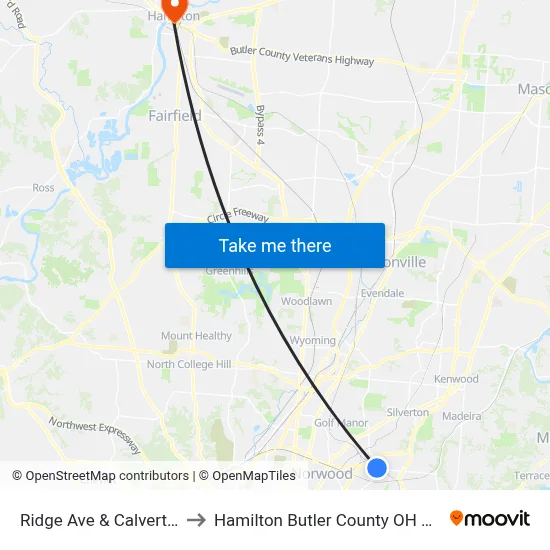 Ridge Ave & Calvert St to Hamilton Butler County OH USA map