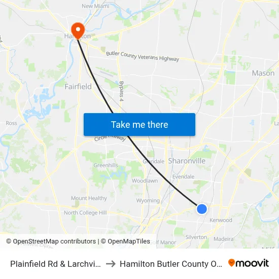 Plainfield Rd & Larchview Dr to Hamilton Butler County OH USA map