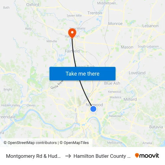 Montgomery Rd & Hudson Ave to Hamilton Butler County OH USA map