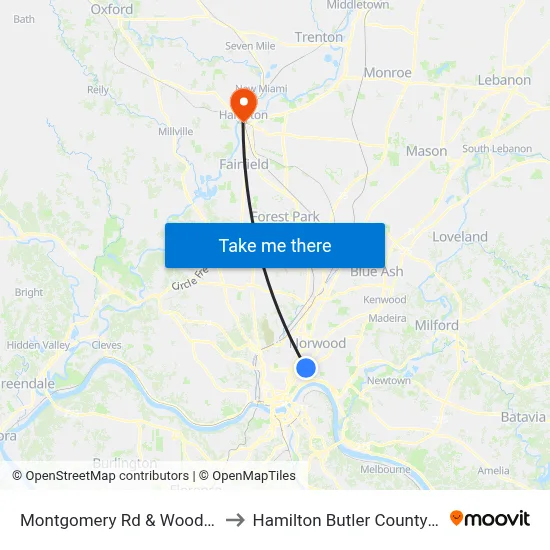 Montgomery Rd & Woodburn Ave to Hamilton Butler County OH USA map