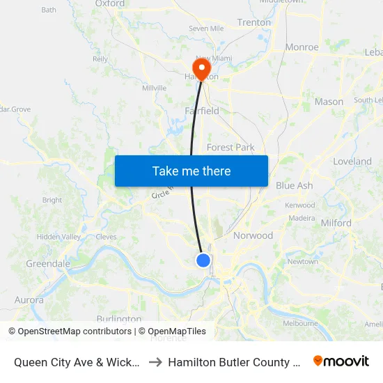 Queen City Ave & Wickham Pl to Hamilton Butler County OH USA map