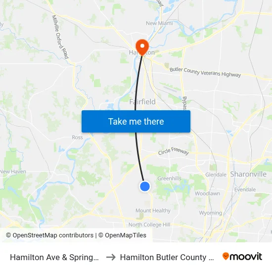 Hamilton Ave & Springdale Rd to Hamilton Butler County OH USA map