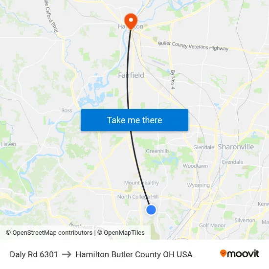 Daly Rd 6301 to Hamilton Butler County OH USA map