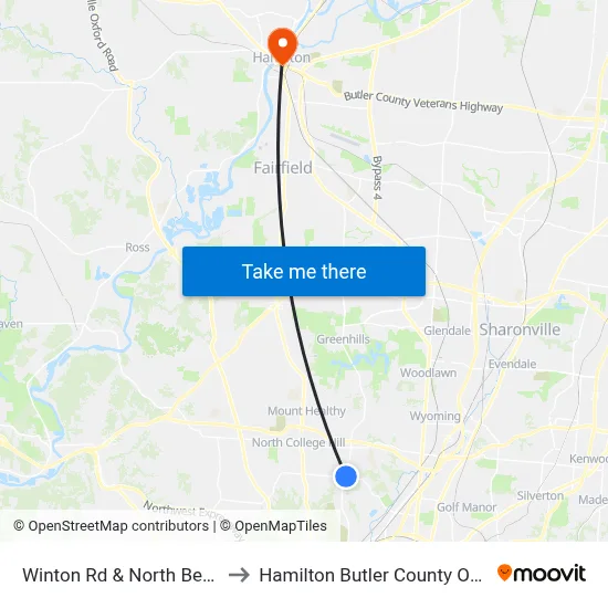 Winton Rd & North Bend Rd to Hamilton Butler County OH USA map