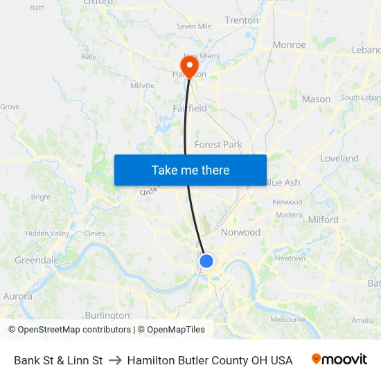 Bank St & Linn St to Hamilton Butler County OH USA map