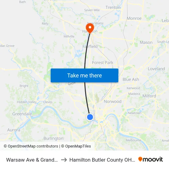 Warsaw Ave & Grand Ave to Hamilton Butler County OH USA map