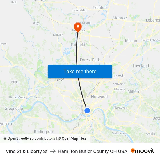 Vine St & Liberty St to Hamilton Butler County OH USA map
