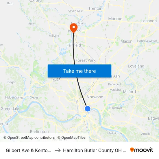 Gilbert Ave & Kenton St to Hamilton Butler County OH USA map