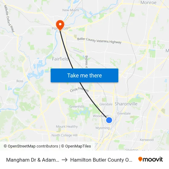 Mangham Dr & Adams Rd to Hamilton Butler County OH USA map