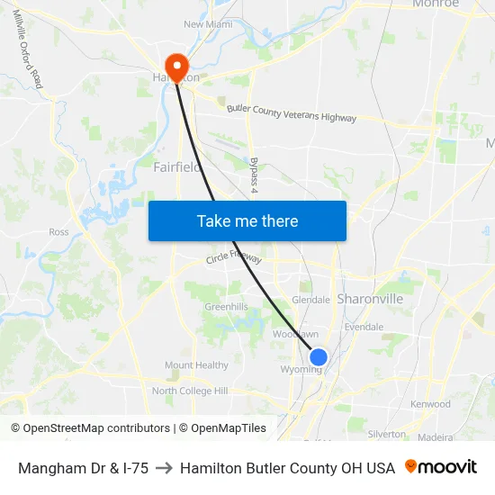 Mangham Dr & I-75 to Hamilton Butler County OH USA map