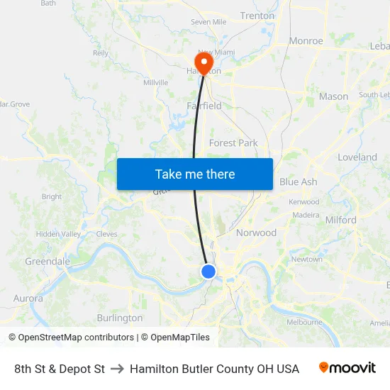 8th St & Depot St to Hamilton Butler County OH USA map