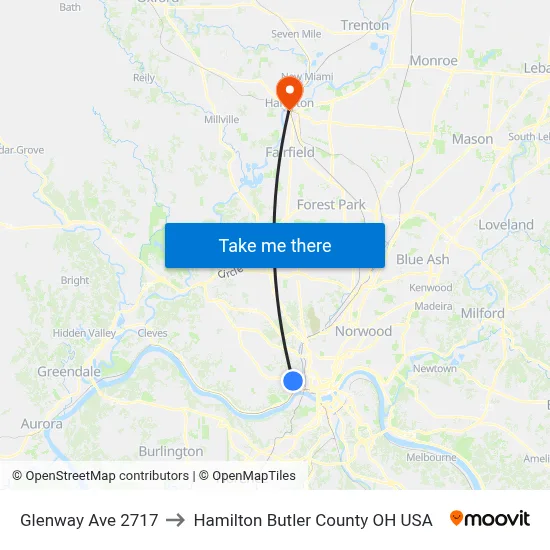 Glenway Ave 2717 to Hamilton Butler County OH USA map