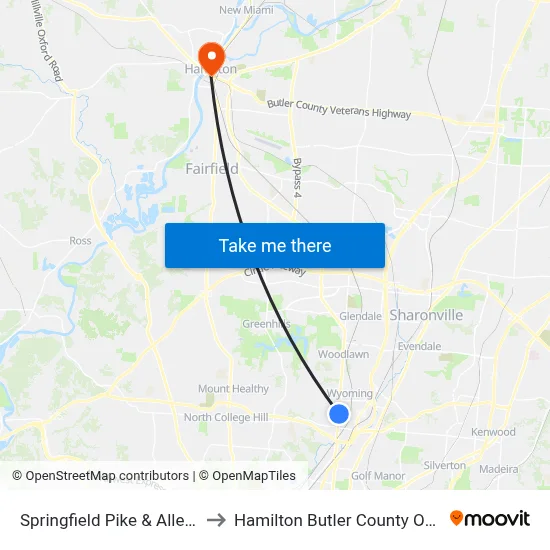 Springfield Pike & Allen Ave to Hamilton Butler County OH USA map