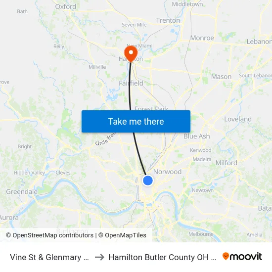 Vine St & Glenmary Ave to Hamilton Butler County OH USA map