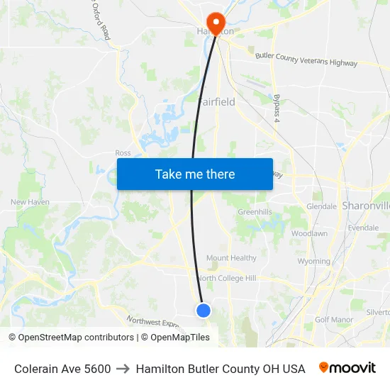 Colerain Ave 5600 to Hamilton Butler County OH USA map
