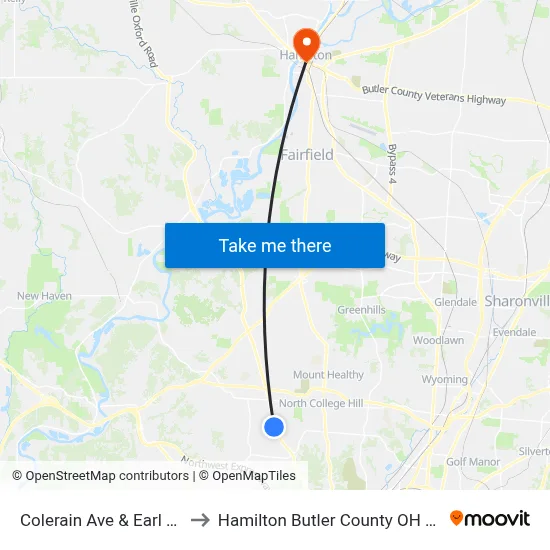 Colerain Ave & Earl Ave to Hamilton Butler County OH USA map