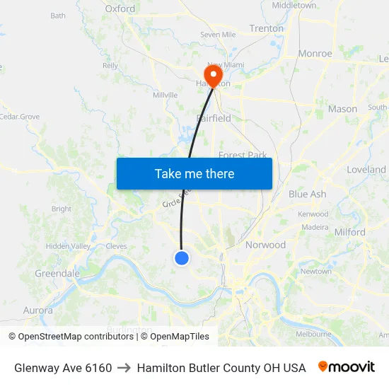 Glenway Ave 6160 to Hamilton Butler County OH USA map