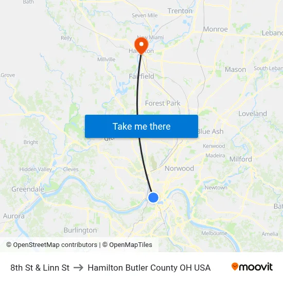 8th St & Linn St to Hamilton Butler County OH USA map