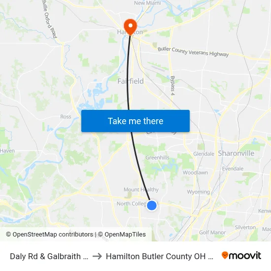 Daly Rd & Galbraith Rd to Hamilton Butler County OH USA map