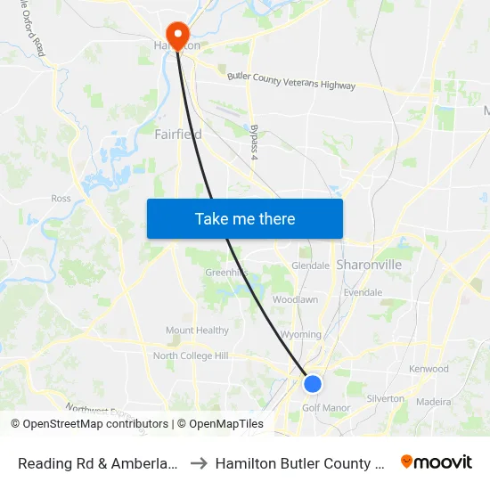 Reading Rd & Amberlawn Ave to Hamilton Butler County OH USA map
