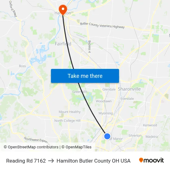 Reading Rd 7162 to Hamilton Butler County OH USA map