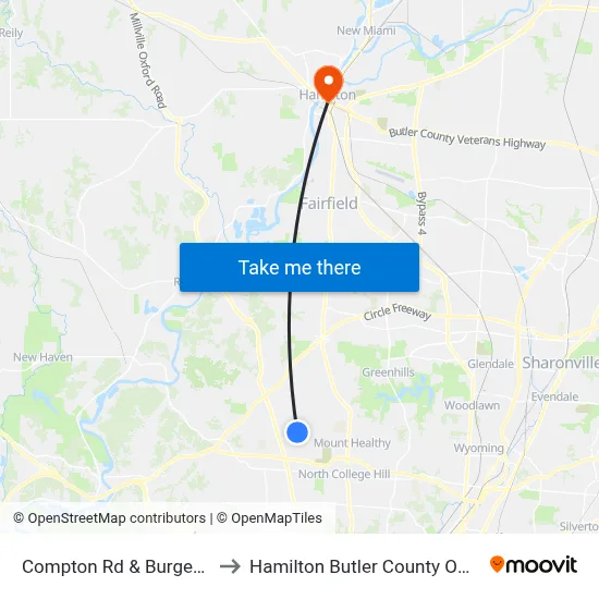 Compton Rd & Burgess Dr to Hamilton Butler County OH USA map