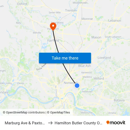 Marburg Ave & Paxton Ave to Hamilton Butler County OH USA map