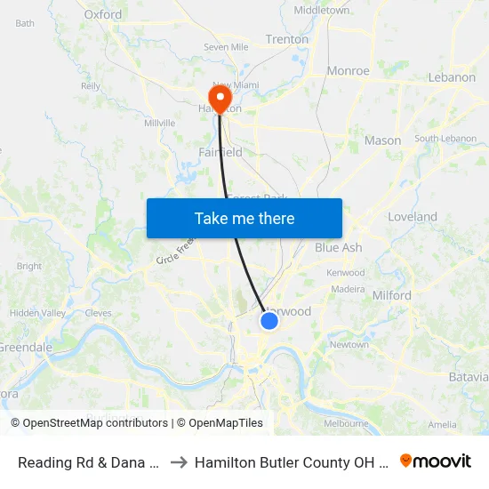 Reading Rd & Dana Ave to Hamilton Butler County OH USA map