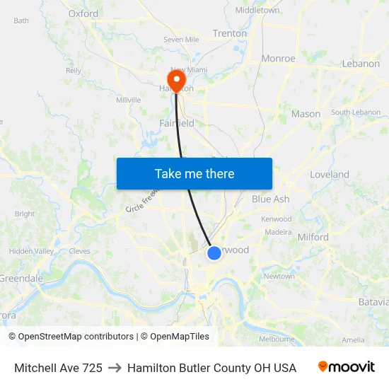 Mitchell Ave 725 to Hamilton Butler County OH USA map