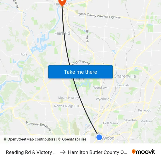 Reading Rd & Victory Pkwy to Hamilton Butler County OH USA map