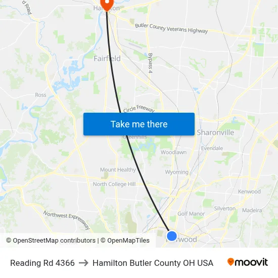 Reading Rd 4366 to Hamilton Butler County OH USA map