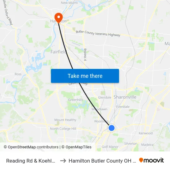 Reading Rd & Koehler St to Hamilton Butler County OH USA map