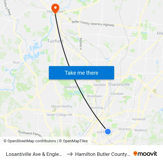 Losantiville Ave & Englewood Ave to Hamilton Butler County OH USA map