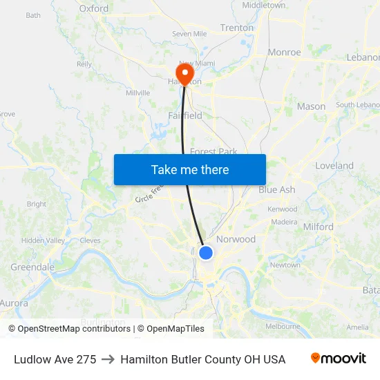 Ludlow Ave 275 to Hamilton Butler County OH USA map