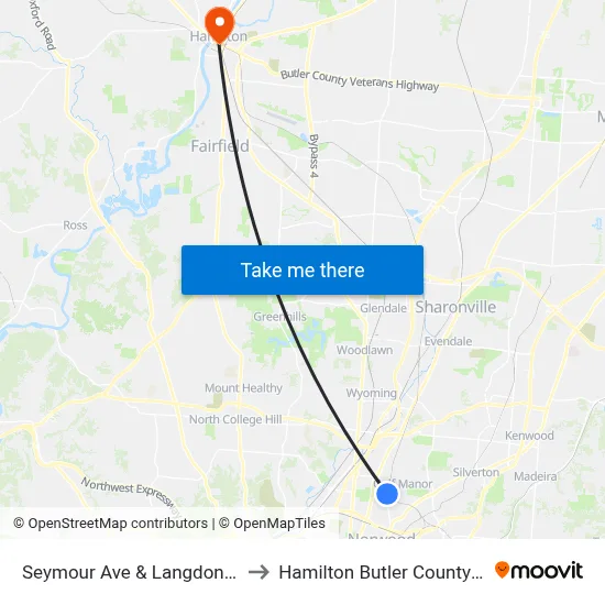 Seymour Ave & Langdon Farm Rd to Hamilton Butler County OH USA map