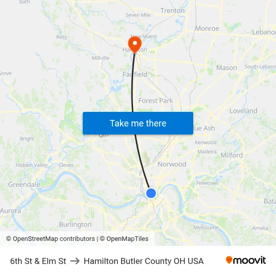 6th St & Elm St to Hamilton Butler County OH USA map