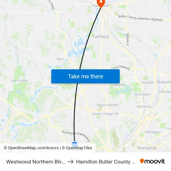 Westwood Northern Blvd 4134 to Hamilton Butler County OH USA map