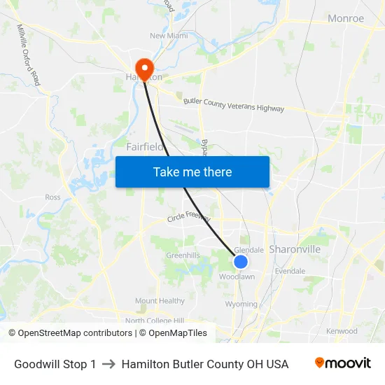 Goodwill Stop 1 to Hamilton Butler County OH USA map