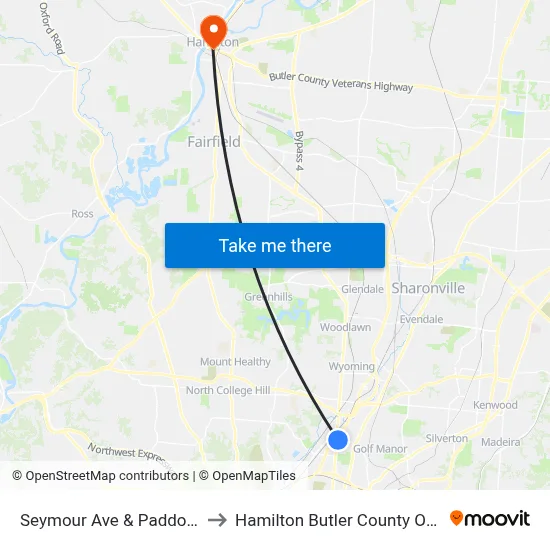 Seymour Ave & Paddock Rd to Hamilton Butler County OH USA map
