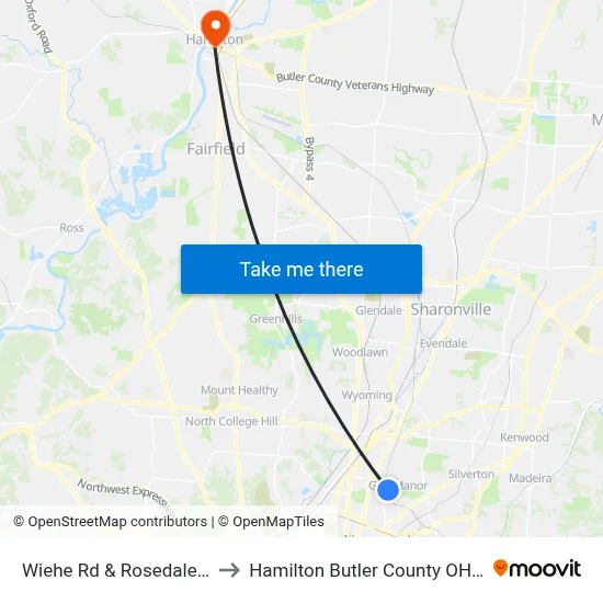 Wiehe Rd & Rosedale Ave to Hamilton Butler County OH USA map