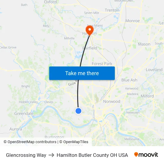 Glencrossing Way to Hamilton Butler County OH USA map