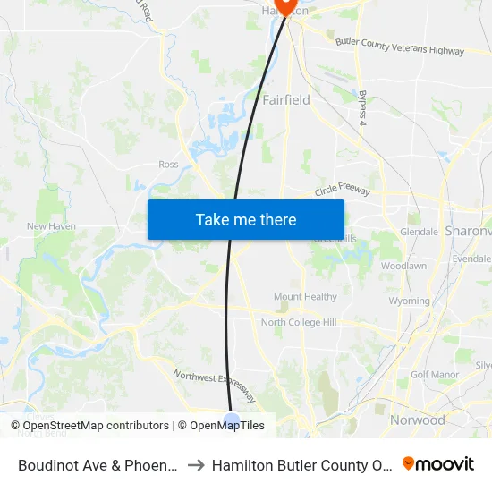 Boudinot Ave & Phoenix Ave to Hamilton Butler County OH USA map