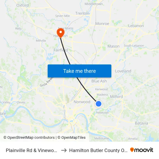 Plainville Rd & Vinewood Ave to Hamilton Butler County OH USA map
