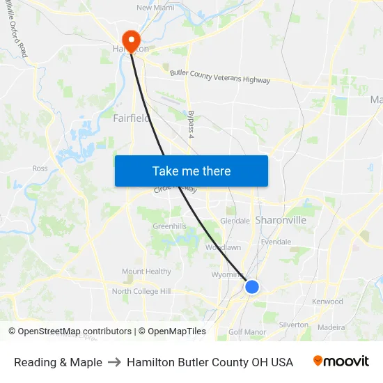 Reading & Maple to Hamilton Butler County OH USA map