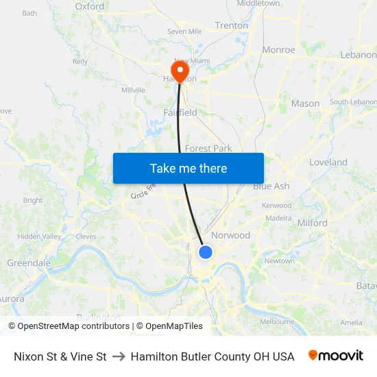 Nixon St & Vine St to Hamilton Butler County OH USA map