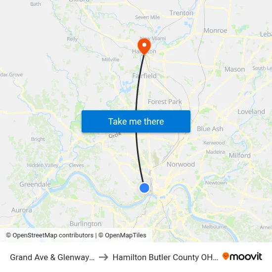 Grand Ave & Glenway Ave to Hamilton Butler County OH USA map