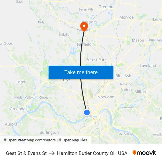 Gest St & Evans St to Hamilton Butler County OH USA map